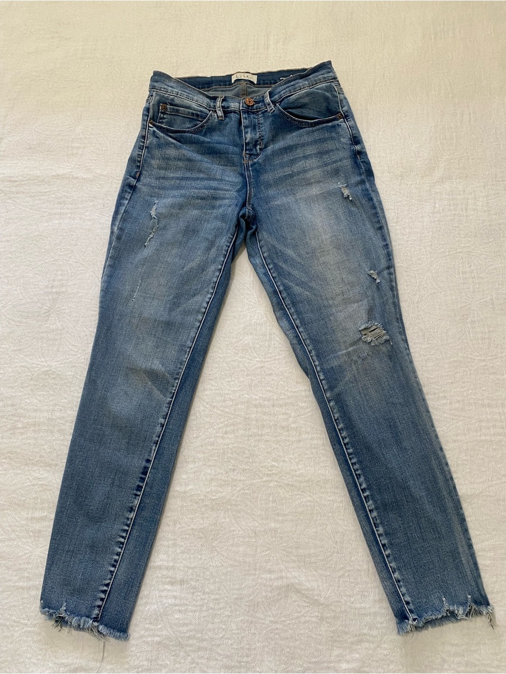 Nicole Miller Sz 4 High Rise Ankle Skinny Jeans Stretch Distressed Medium Wash